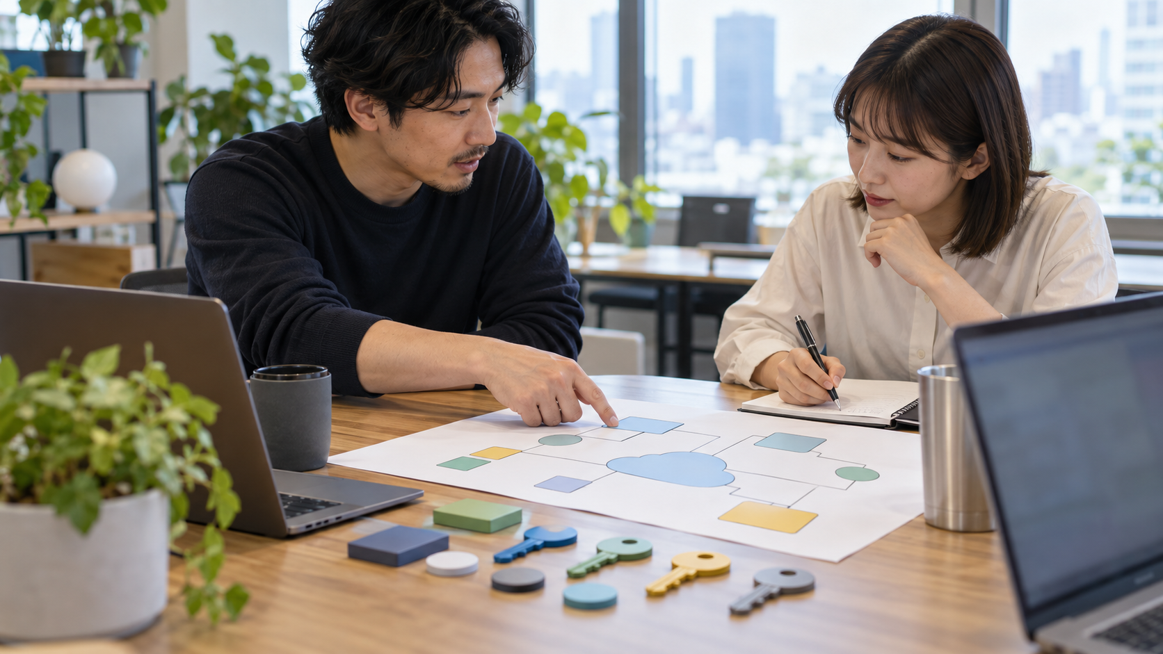 クラウド権限図と鍵カードを前に認証情報の更新計画を相談する技術チーム
