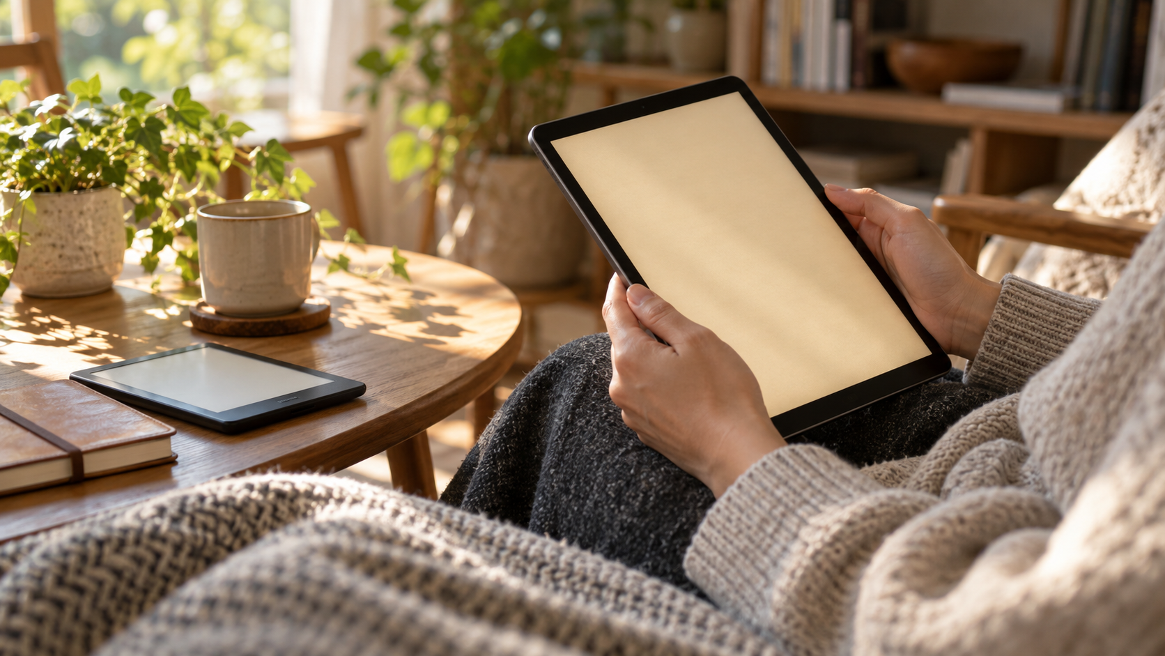 明るいリビングで紙のような画面のタブレットを読書に使う利用者