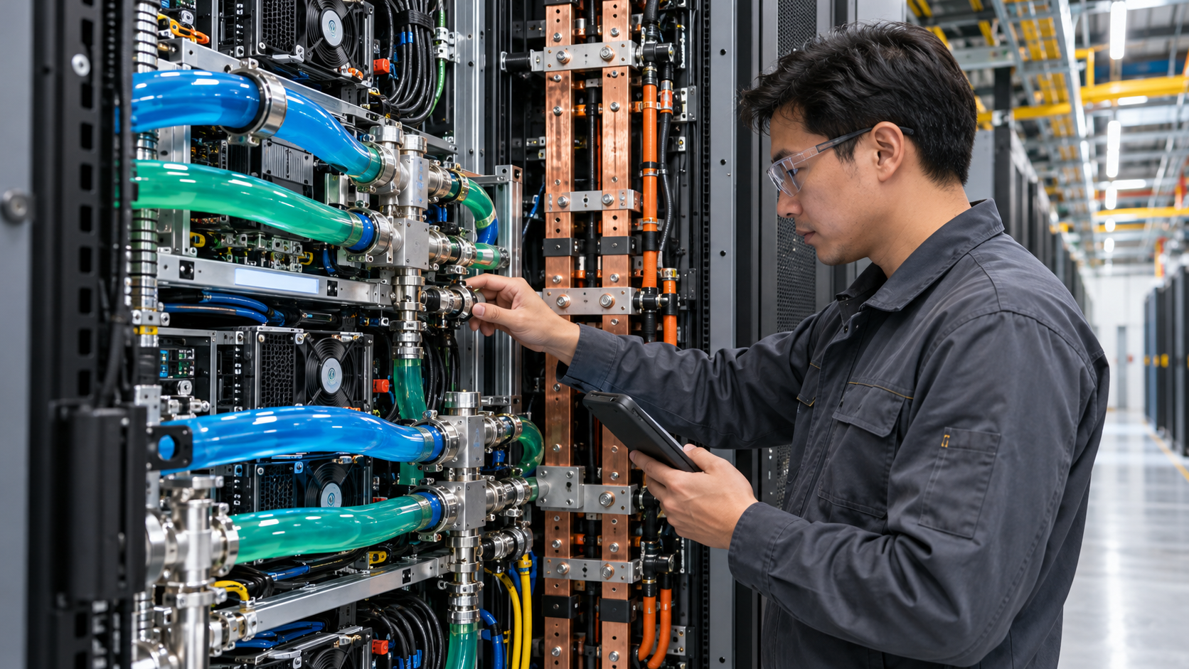 液冷配管と電力系統を確認するAIデータセンターの技術者