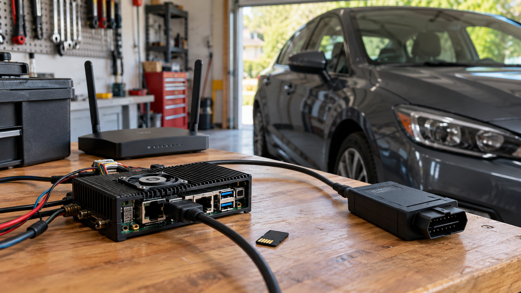 ガレージの作業台に置いた小型コンピューター、OBDアダプター、記録用カードと駐車中の車