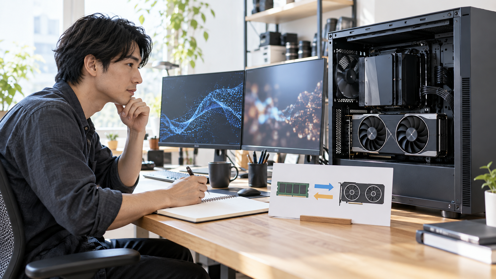 開いたワークステーションのGPUとメモリを前に、技術者がローカル推論の構成を確認している様子