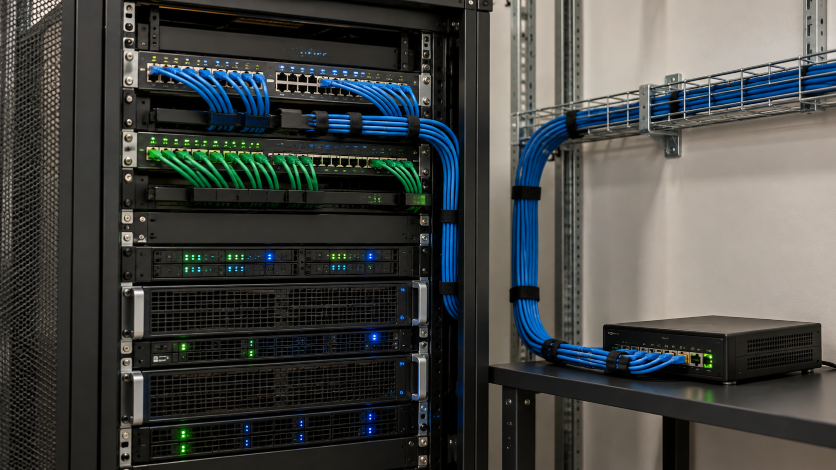 整理されたLANケーブルで接続されたサーバーラックとネットワーク機器