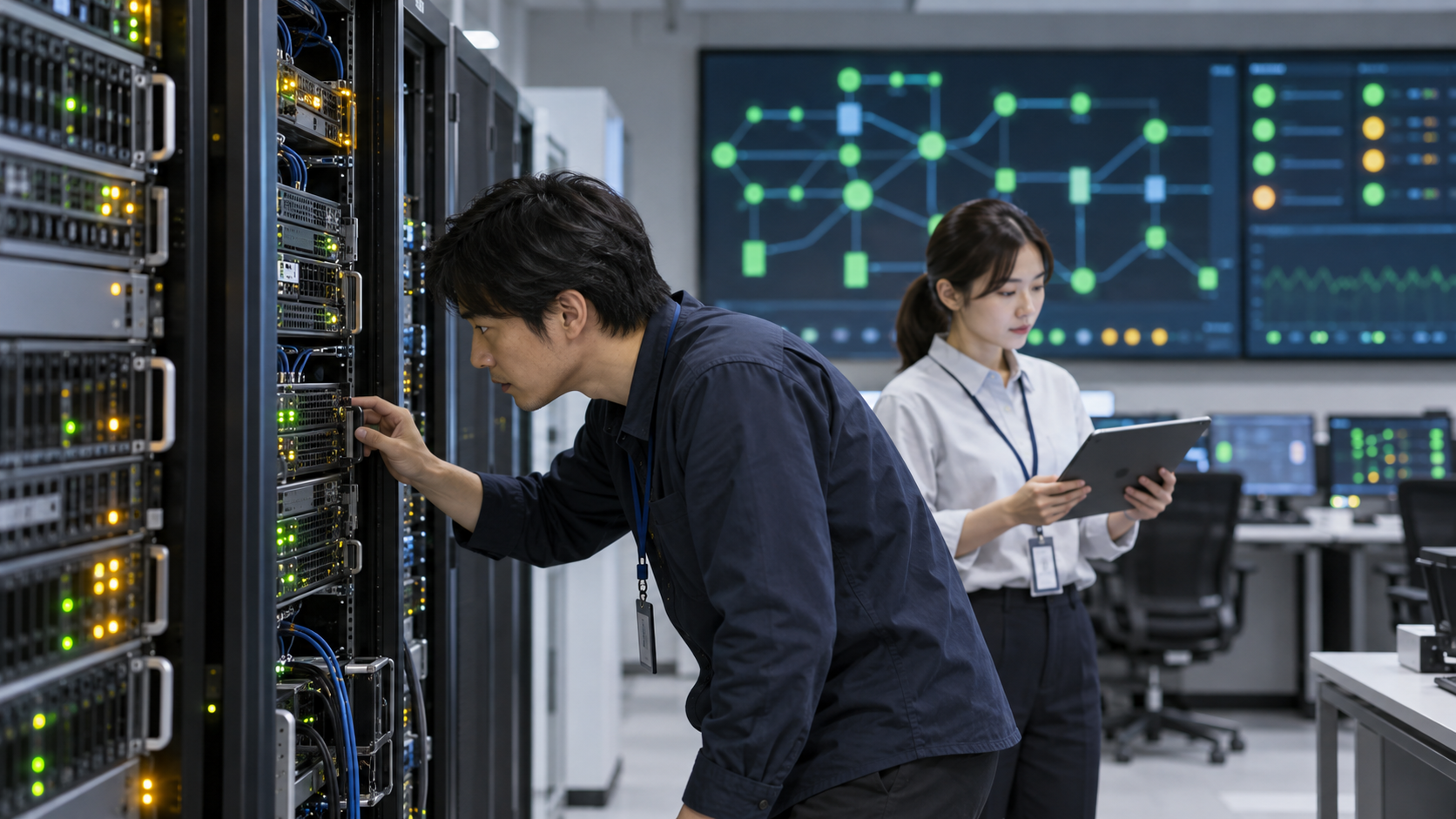 複数のサーバーラックと監視画面を確認しながら更新後の稼働状態を見守る運用担当者