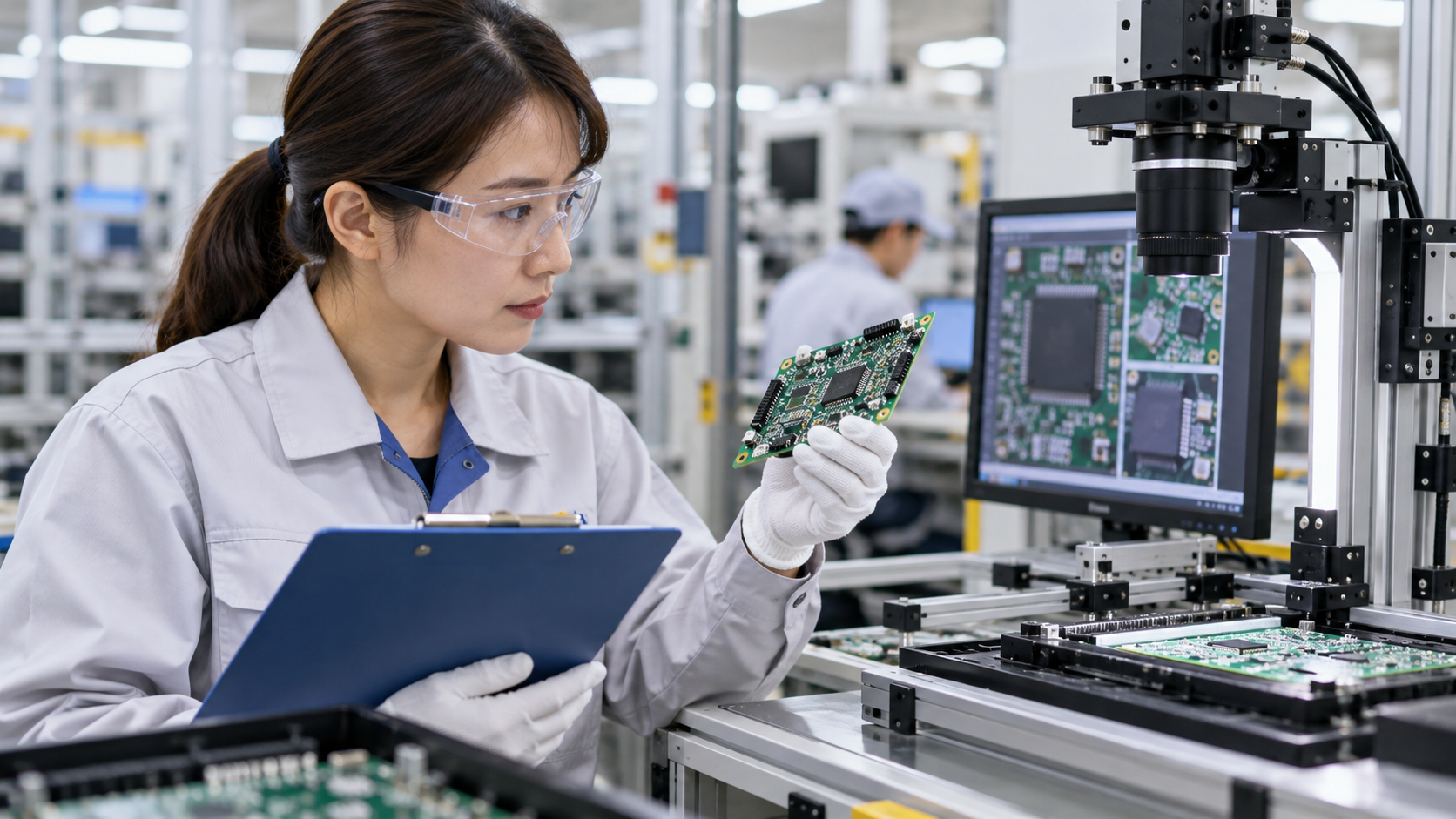 検査カメラのそばで回路基板を人が最終確認する品質管理担当者