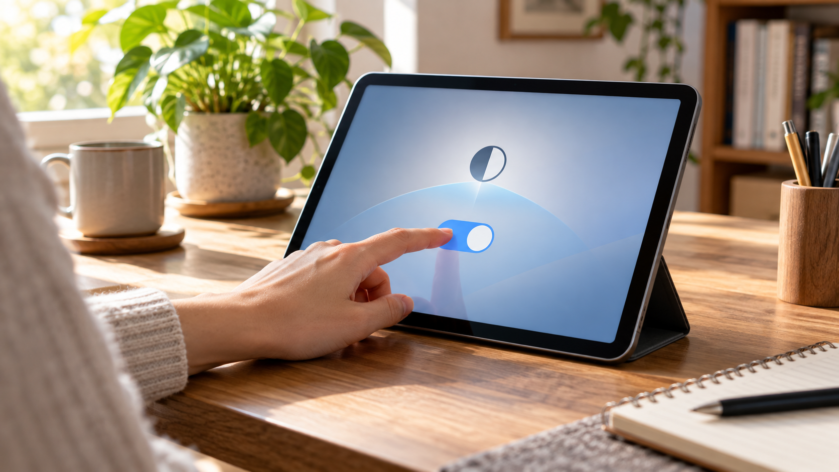 タブレットの画面認識アシスタントに関するプライバシー設定を操作する手元