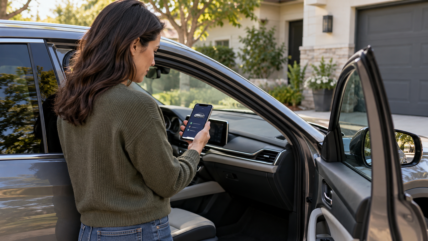 駐車中の車のドアを開け、車外から状態確認用のスマートフォンを見る利用者