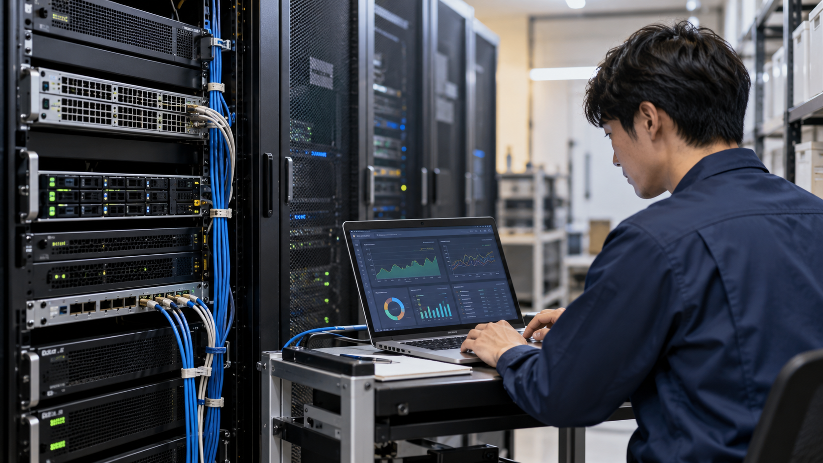 サーバーラックと監視画面を確認する運用担当者