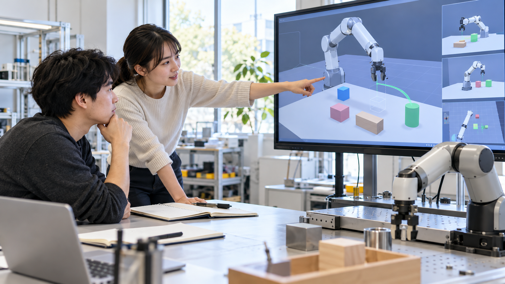 二人の研究者が停止中のロボットアームのそばで、架空のロボットシミュレーション映像を検討している様子