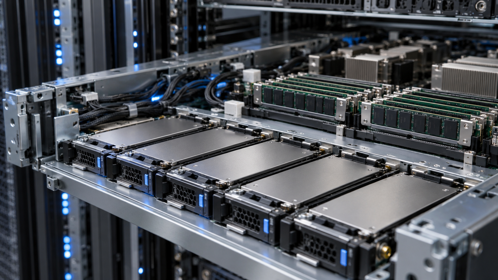 サーバーのNVMe SSDとDDR5メモリが並ぶAIインフラの内部