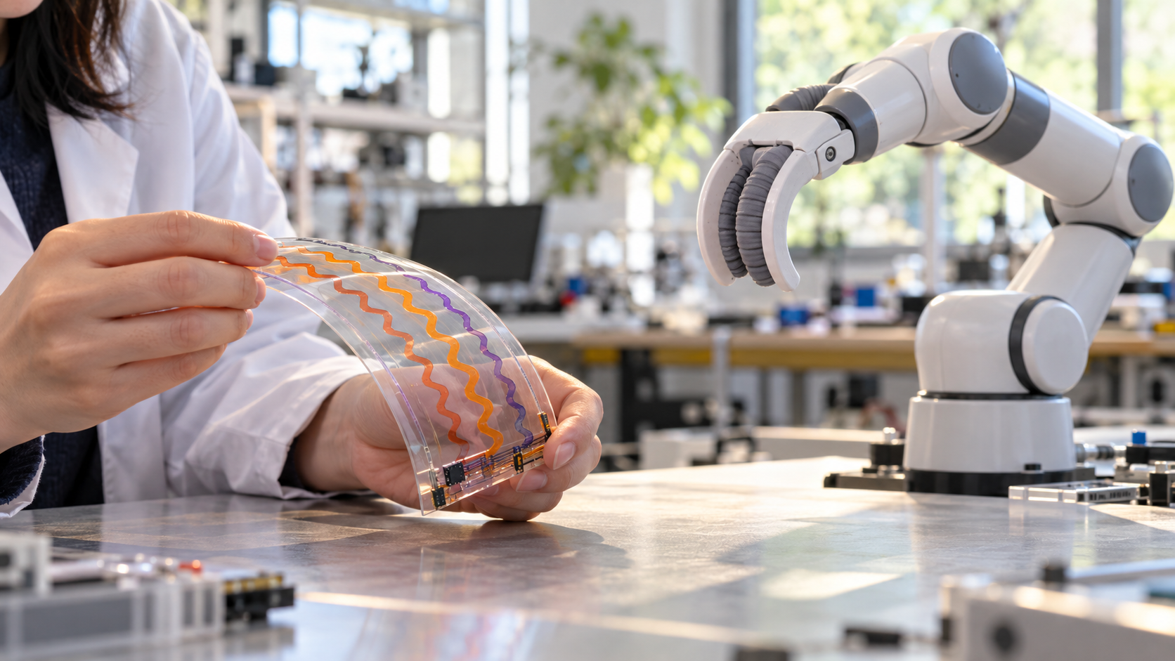 曲げた柔らかい光導波路センサーシートと協働ロボットアームを並べた研究室の様子