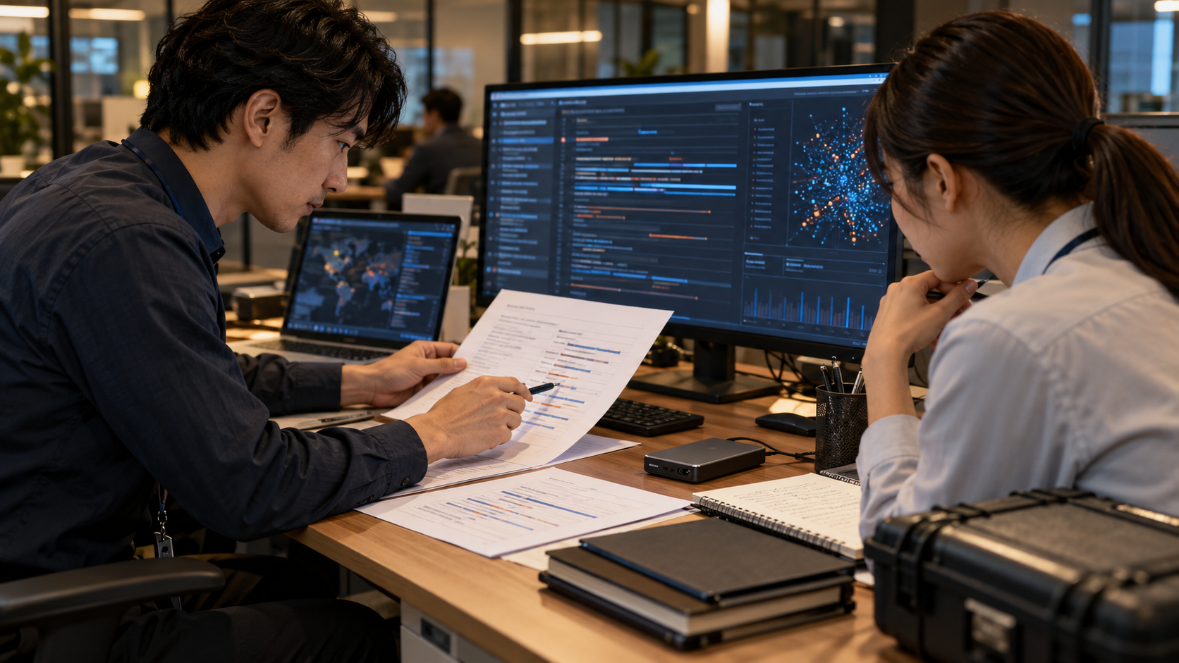 セキュリティチームがサーバー管理画面と監査ログの時系列を並べ、証跡を保全している場面