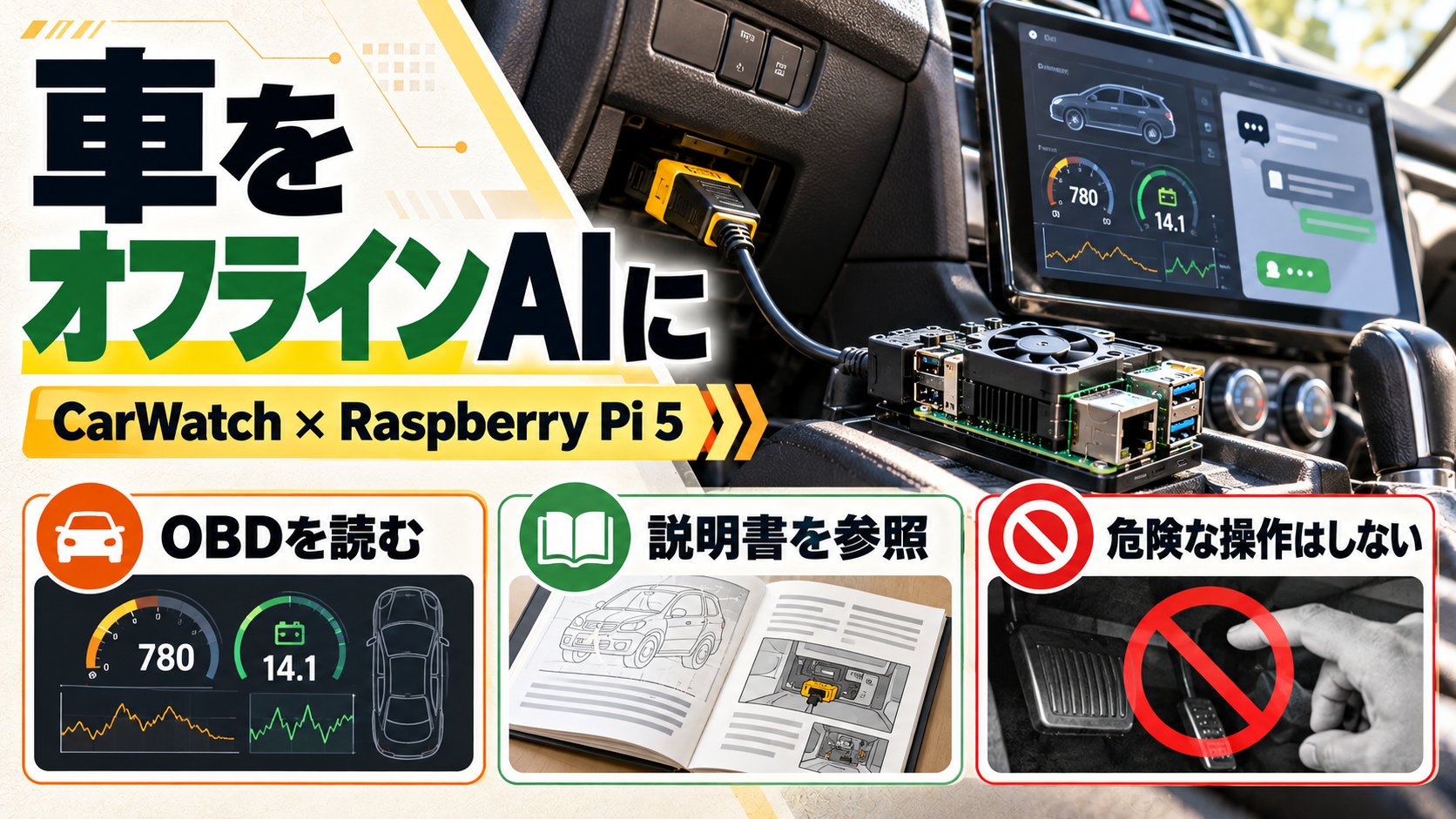 CarWatchとRaspberry Pi 5を使い、駐車中の車でOBDデータと取扱説明書をオフラインAIに参照させる構成の情報図解