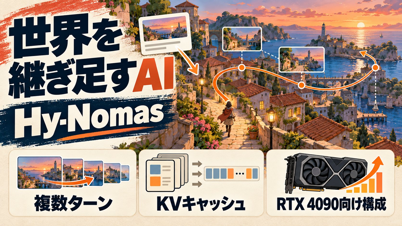 Hy-Nomasが複数ターンの指示とカメラ軌道で夕景の架空世界を継ぎ足す仕組みを、KVキャッシュとRTX 4090向け構成の情報パネルとともに示す日本語入り編集図解